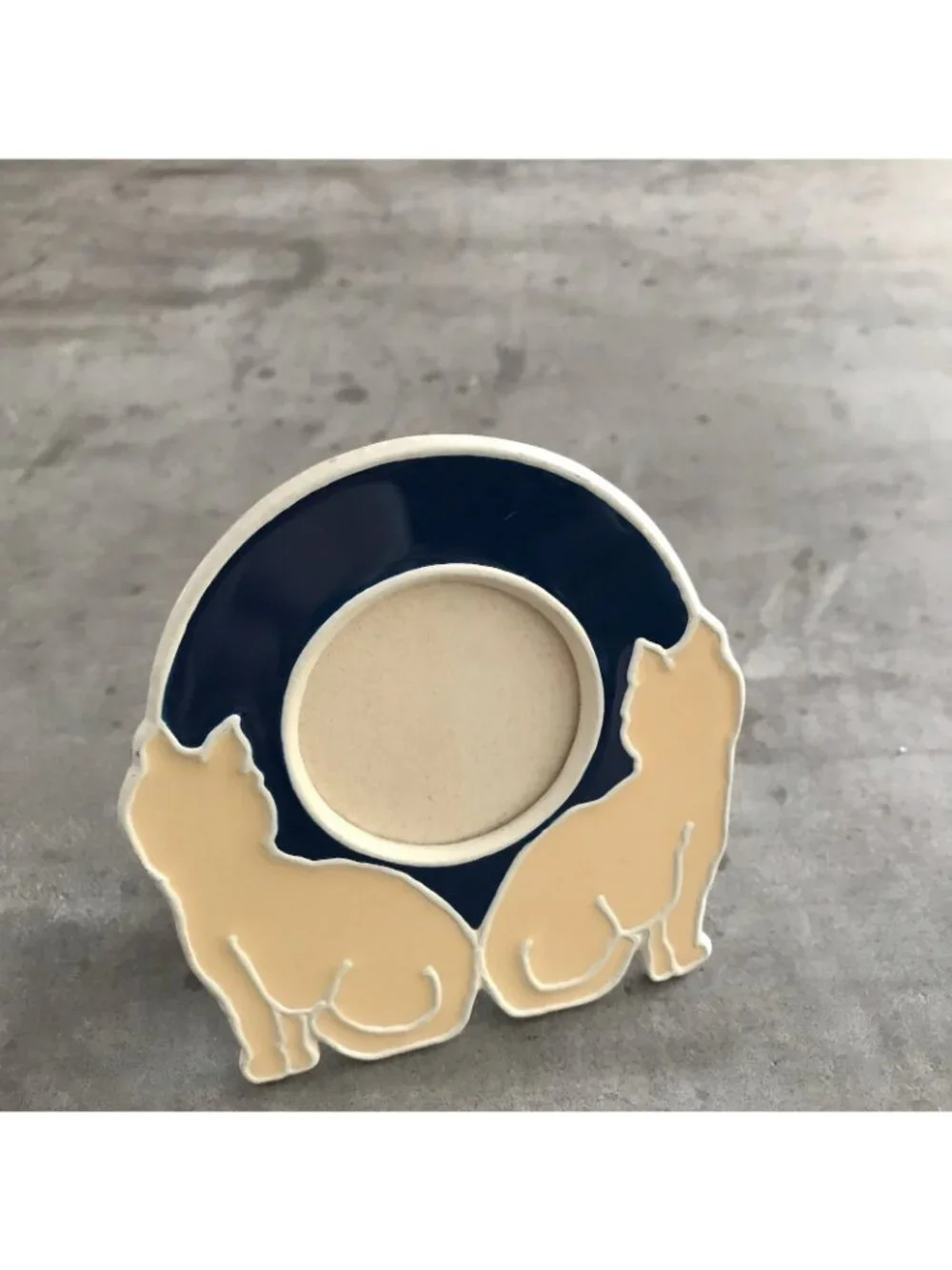 Kitty Cat Mini Frame Enamel Metal Round Photo Blue Cream Minimalist Kitsch Decor